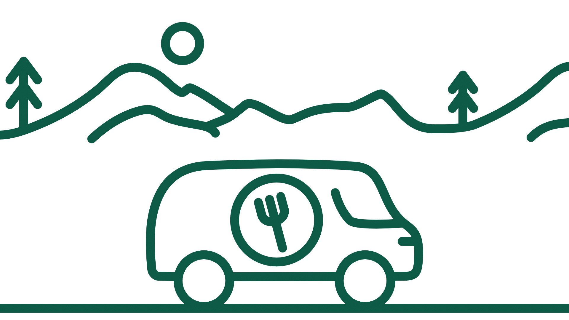 Line-art illustration of a campervan with a fork icon, driving through green mountain scenery